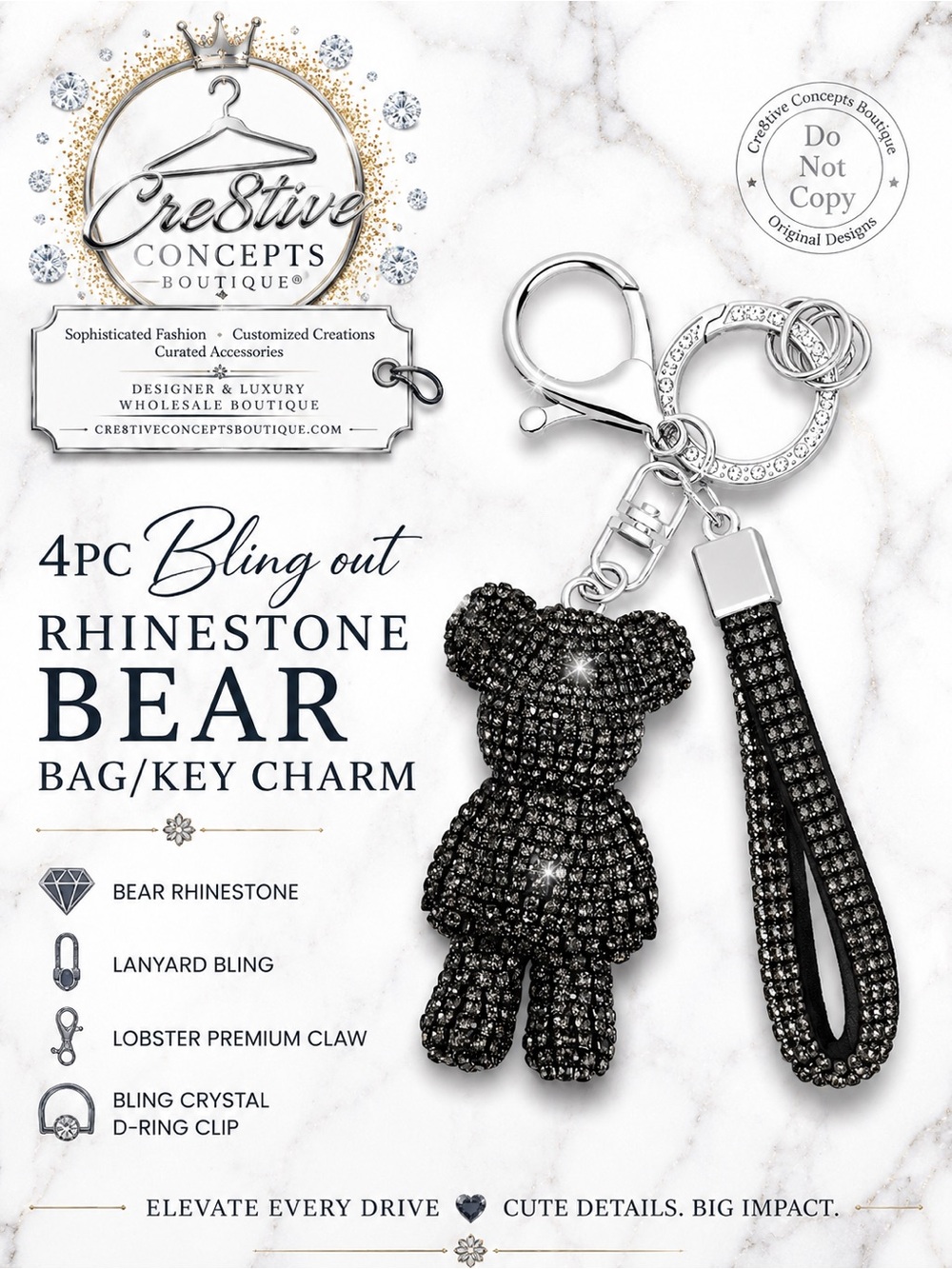 One-4PC Bling Out Rhinestone Bear Bag/Key Charm